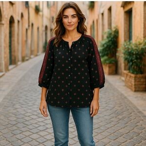 *New J Jill Popover Mixed Print Top Womens Size XS Black Button V-Neck Long Slv